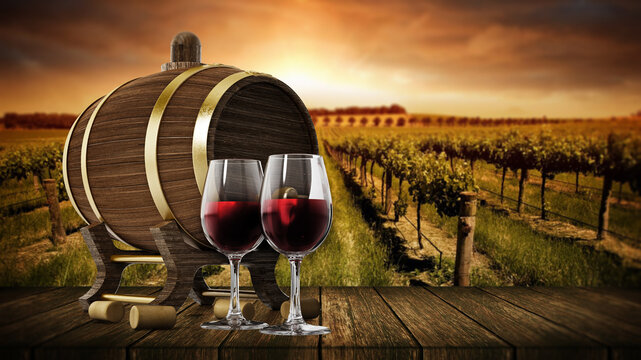Wine bottles, corks, glasses and barrel. 3D illustration