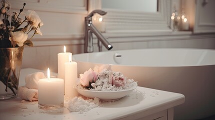 Elegant white bathroom interior with candles. Generative AI
