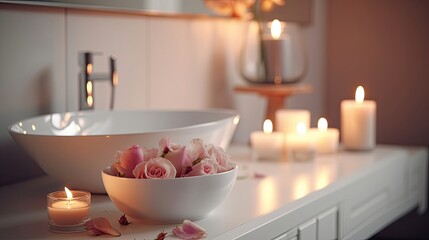Fototapeta na wymiar Elegant white bathroom interior with candles. Generative AI