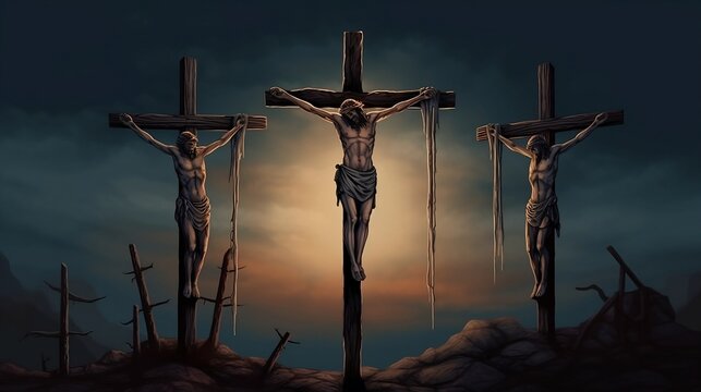 Illustration of the Three Crosses. Crucifixion of Jesus Christ with the two thieves. Generative AI.