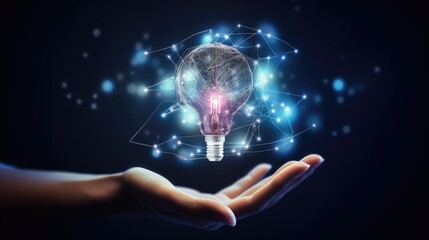 Machine learning hand on light bulb. Generative AI