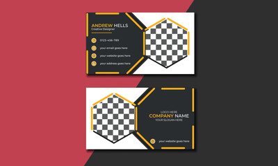 Yellow-black double-sided creative business card vector design template. Business card for business and personal use.  Horizontal layout with picture holder.