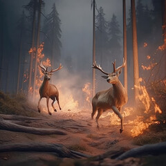 deer burn, flames, forest, woods,