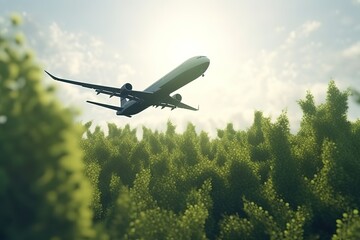 Eco - friendly air transport concept The plane flies in the sky against the background of green trees Environmental. Generative AI - obrazy, fototapety, plakaty