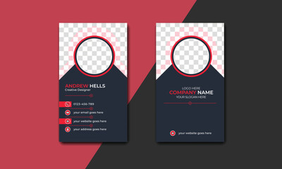 Simple red-black modern and creative business card design template with picture holder for business and personal use. double-sided vertical card.