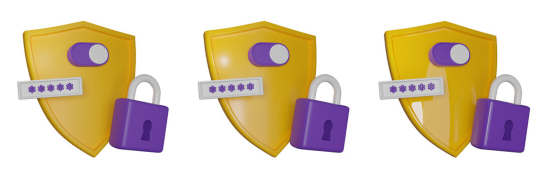 3D shield secure icon, authentication lock password render concept, secret personal data protection. Antivirus badge, internet fraud security safe clipart, VPN slider button. 3D shield padlock design