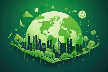 Ecology concept with green city on earth, World environment and sustainable development concept, vector illustration. Generative AI