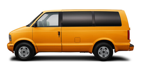 Small passenger classic minibus in yellow color, isolated on a white background.