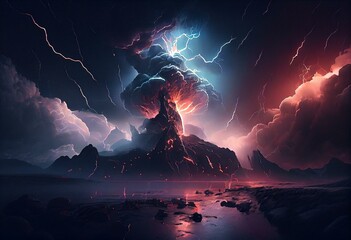 a large cloud full of lightning, a matte painting, shocking art, sinister vibe, apocalyptic landscape. Generative AI
