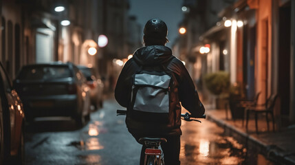 Delivery driver riding bike through a city at night - Generative AI