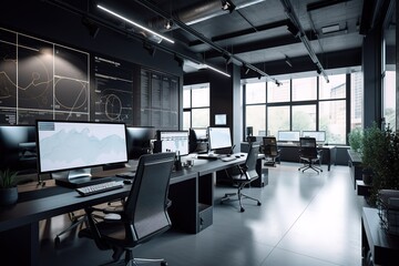 Modern co working office interior with copy space on wall | Stock trading central. Mixed media | Modern office interior design . Contemporary workspace, Generative AI