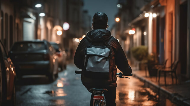 Delivery Driver Riding Bike Through A City At Night - Generative AI