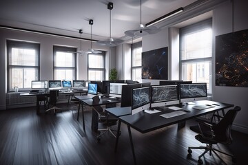 Modern co working office interior with copy space on wall | Stock trading central. Mixed media | Modern office interior design . Contemporary workspace, Generative AI