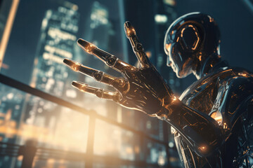 Fototapeta na wymiar Humanoid Robot in Futuristic Technological Metropolis