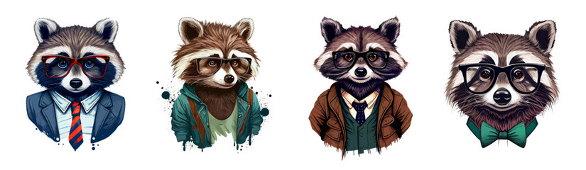 Raccoon in a suit and glasses in a watercolor style on a white background. Cartoon set of raccoons. Character professor, businessman. Ideal for postcard, book, poster, banner. Vector illustration © marikova