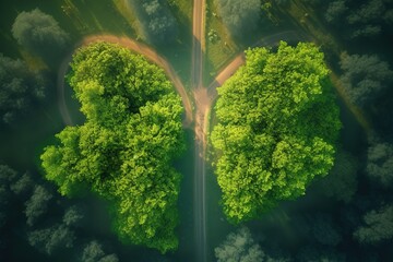 Forest and fire on a green field, top view Trees in the form of lungs. Generative AI