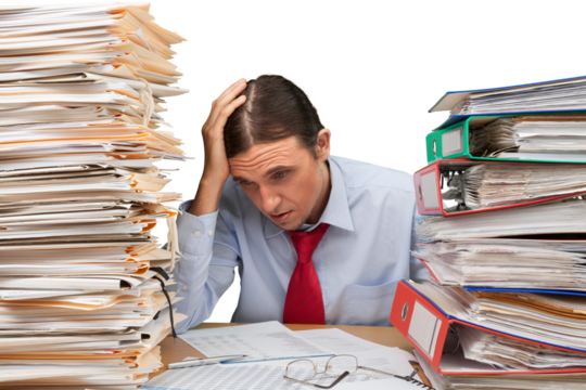 Portrait of an Exhausted Employee with Stack of Folders