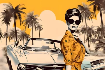 60s retro style fashion woman wearing clothing. Travel collage with retro cars. © Carlos Montes