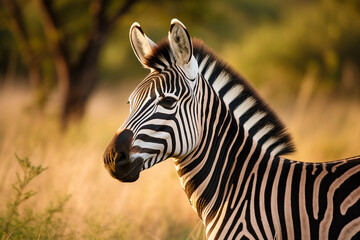 Fototapeta na wymiar Mountain Zebra (Equus zebra, plains zebra, equus quagga, equus burchellii, common zebra) standing in grassland. Digital art