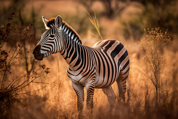 Fototapeta na wymiar Mountain Zebra (Equus zebra, plains zebra, equus quagga, equus burchellii, common zebra) standing in grassland. Digital art