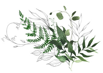 Watercolor painted greenery arrangement. Green wild forest fern branches, leaves, twigs and gray sketch style lines. Cut out hand drawn PNG illustration on transparent background. Isolated clipart.