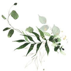 Watercolor painted greenery arrangement. Green wild plants, branches, leaves and twigs and golden lines. Cut out hand drawn PNG illustration on transparent background. Isolated clipart.