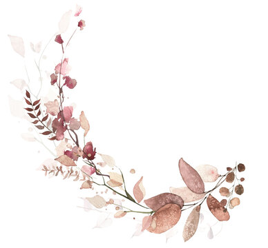 Watercolor floral frame on white. Red, burgundy, brown autumn wild flowers, eucalyptus branches, leaves and twigs. Cut out hand drawn PNG illustration on transparent background. Isolated clipart.
