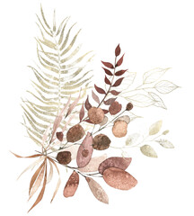 Watercolor floral arrangement. Orange, red and golden dust autumn and exotic eucalyptus, palm branch, leaves and twigs. Cut out hand drawn PNG illustration on transparent background. Isolated clipart.