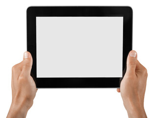 Hands Holding Digital Tablet with White Screen