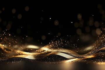 Golden Glitter on Black Background with Metallic Particles and Glittering Blur
