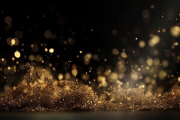 Golden Glitter on Black Background with Metallic Particles and Glittering Blur