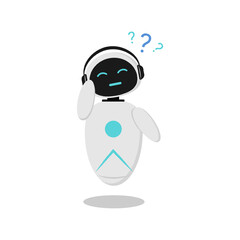 Illustration of a sticker with a thoughtful robot who has a question. A robot with artificial intelligence to communicate in a chat bot. The design is minimalistic in flat style.