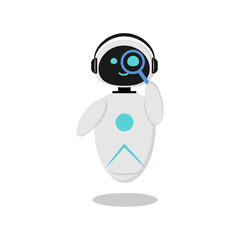 Illustration of a sticker with a cheerful robot that holds a magnifying glass and looks for something. A robot with artificial intelligence to communicate in a chat bot. The design is minimalistic in 