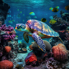 Fototapeta na wymiar turtle swimming under water surface, coral background