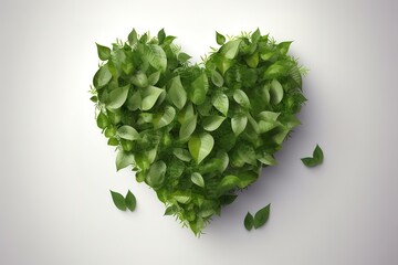 Fototapeta na wymiar Happy Earth Day card, banner or flyer concept Bright fresh 3d realistic green leaves in heart shape isolated on white background. Generative AI