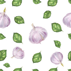 Vegan watercolor seamless pattern with basil and garlic