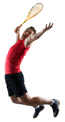 Male tennis player jumping and screaming with racket on white background