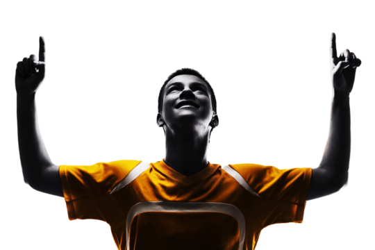 one brazilian soccer football player young man happiness joy pointing up  in silhouette studio isolated on white background