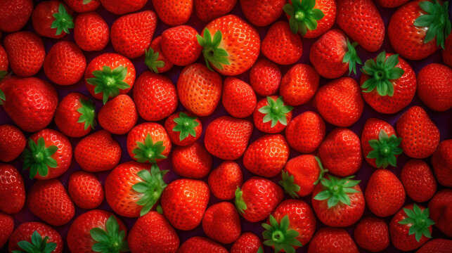 Fraises vue de dessus pos&eacute;s &agrave; plat sur une table apr&egrave;s la cueillette