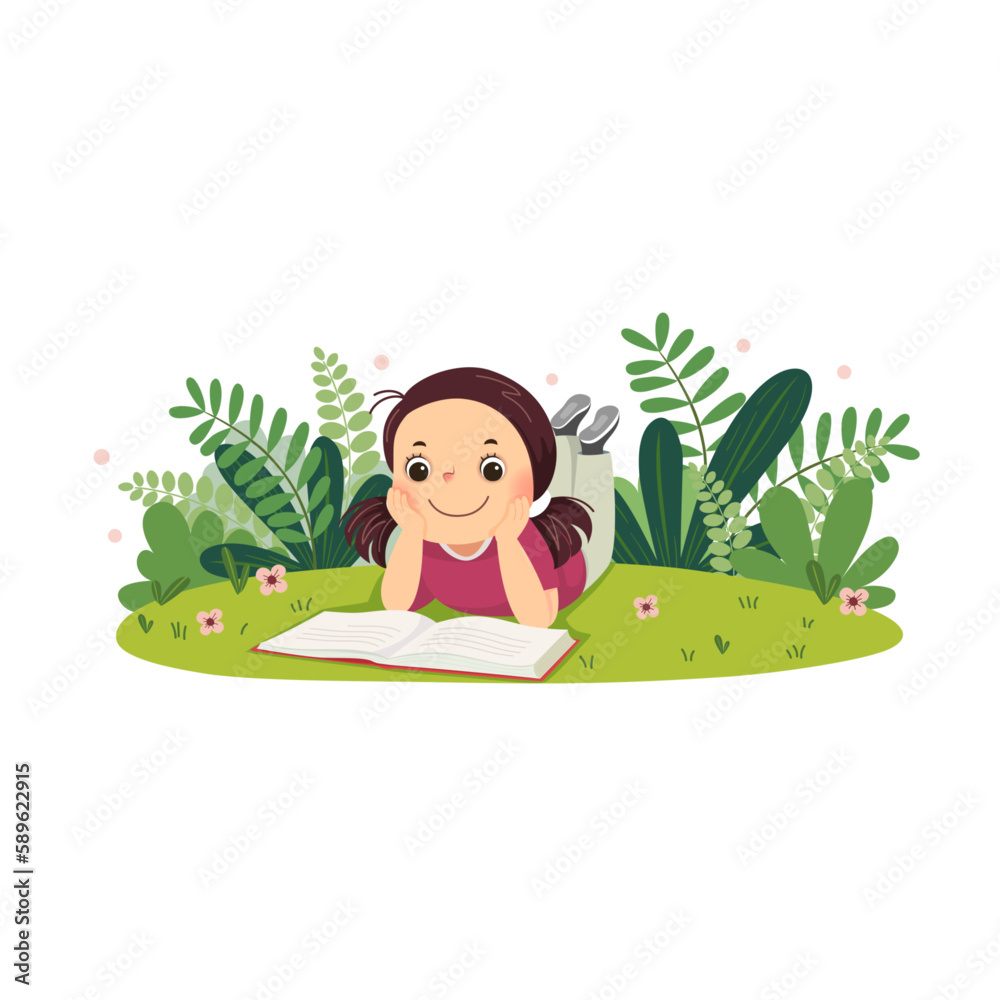 Wall mural Vector cartoon girl lying on the grass and reading book