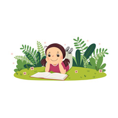 Vector cartoon girl lying on the grass and reading book