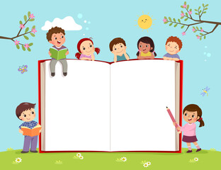 Template for advertising brochure with kids and opened book on the field - 589622916