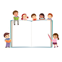 Vector cartoon kids with opened book background