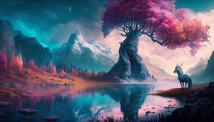 Obraz na płótnie Canvas Fantasy Landscape with Mystical Creatures and Pastel Hues