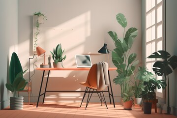 Home office with green plants, desk, chair and metal accessories. Generative AI