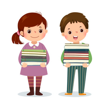 Vector cartoon of little girl and boy holding stack of books