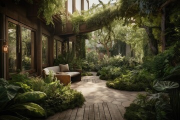 Biophilic design garden interior with a lot of greenery plants in yard. AI Generated.