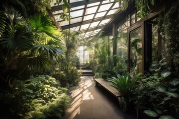 Biophilic design garden interior with a lot of greenery plants in orangery. AI Generated.