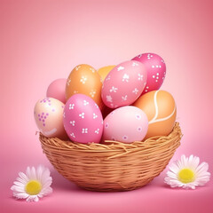 Naklejka na ściany i meble Multi-colored eggs in a wicker basket on a plain background. Easter eggs. AI generated image