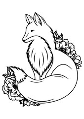 Floral fox silhouette, black vector illustration